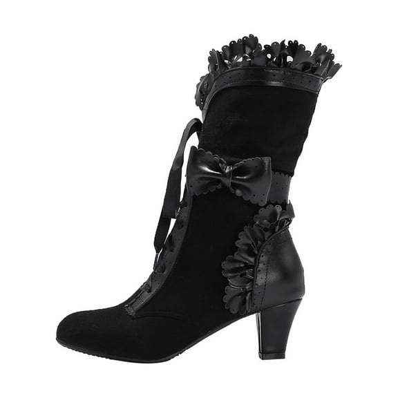 Women's Lace Up Ankle Boots Bowknot Ruffles Buckle Block Heel Boots Suede Comfortable Fashionable Fall Winter Shoes Black 39