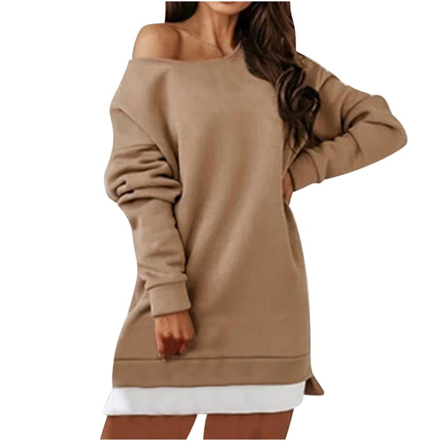 Robe Sweat à Manches Longues pour Femmes Pull-Over Robe Pull Ample Épaules Dénudées Automne Hiver Mini Robe