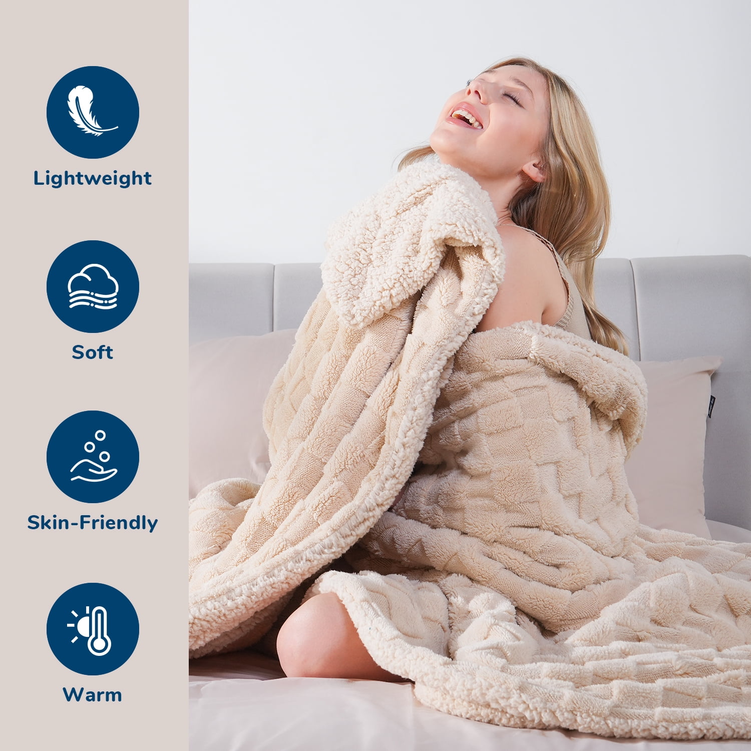 Anjee 90" x 90" Khaki Queen Size Super Soft Cozy Fluffy Sherpa Fleece Reversible Thick 3D Checkered Jacquard Decorative Throw Blankets