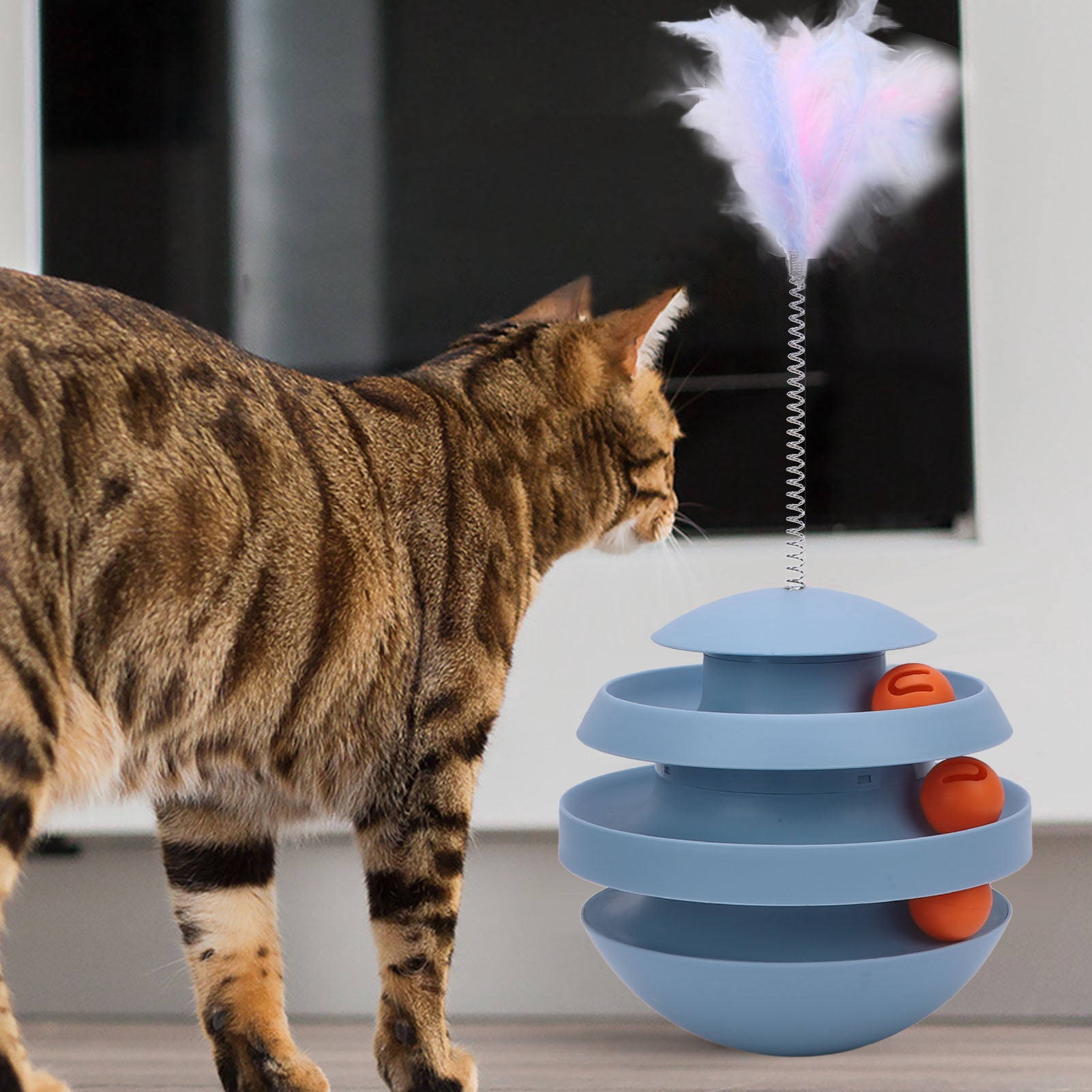 Yajisi Interactive Turntable Cat Tower Toy for Indoor Kittens, Roller Track with Balls & Teaser Wand, Puzzle Exercise Teaser, 8.66 inches / 22 cm, Haze Blue