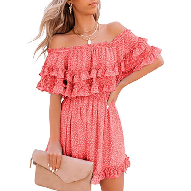 Robe d'Été pour Femmes à Épaules Dénudées, Plissée, Fluide, Col, Ceinture, Robe Imprimée