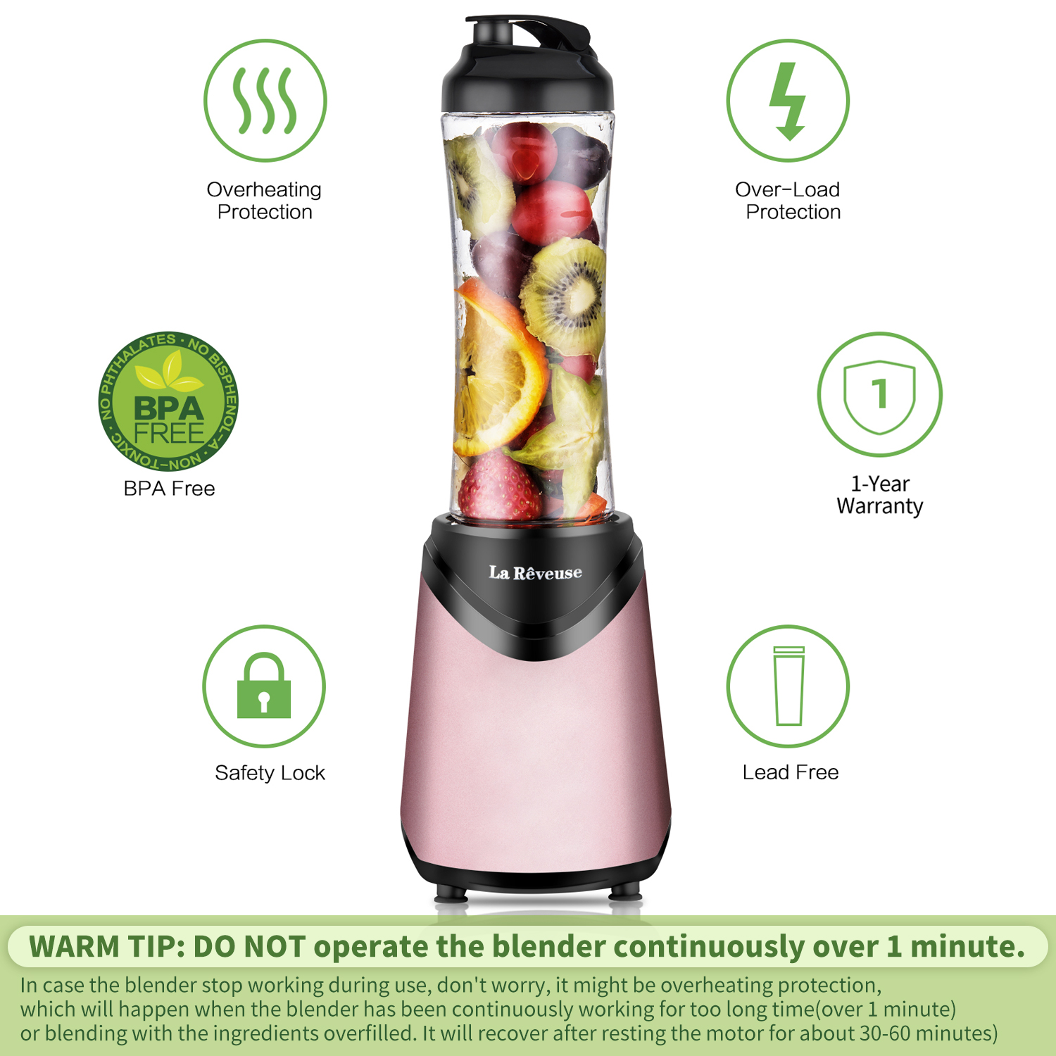 La Reveuse 300W Personal Smoothie Blender with 18 oz Bottle, Pink photo 7