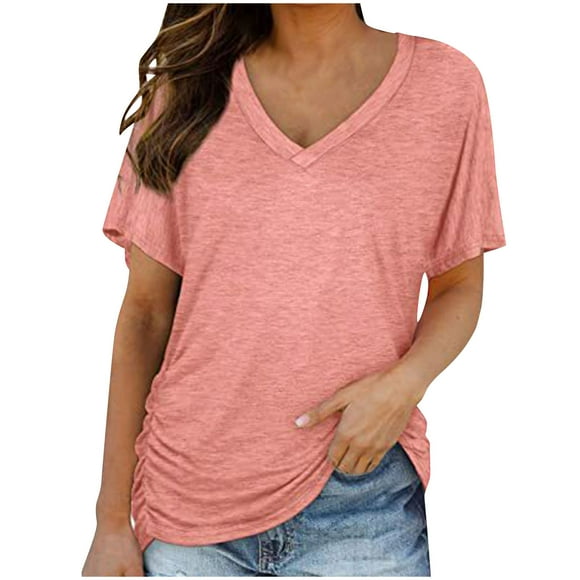 Tnhcen Blouse Ajustée à Manches Courtes Col en V pour Femmes - Couleur Unie Ourlet Froissé Hauts Décontractés / Chemises d'Été Extensibles (P-2TG)