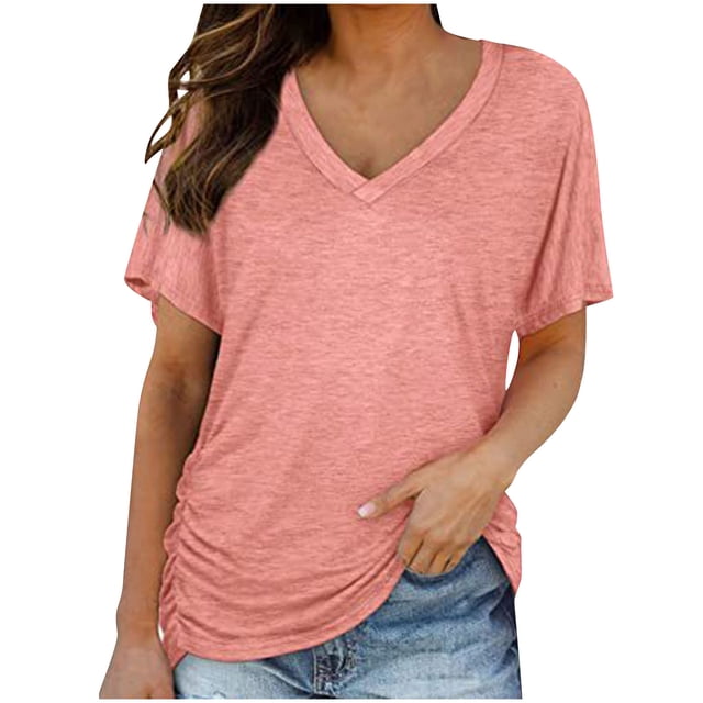 Vente Liquidation de Hauts pour Femmes! Hauts Dolman à Manches Courtes et Col en V pour Femmes avec Fronces Latérales, Chemises Coupe Ample