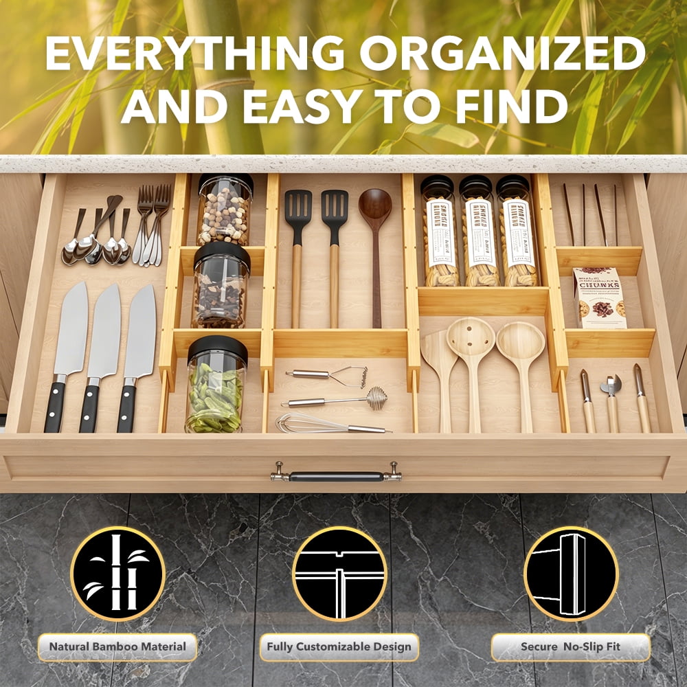 PLUMEBAY Bamboo Drawer Dividers (17–22 in Natural) with Inserts and Labels, Adjustable Expandable Drawer Organizers for Kitchen, Dresser and Office, 4 Dividers
