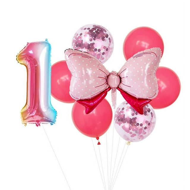 1 Set Pink Bowknot Balloon Set Easy Assembly Aluminum Film Decorative Number 0-9 Balloons for Baby Birthday Parties