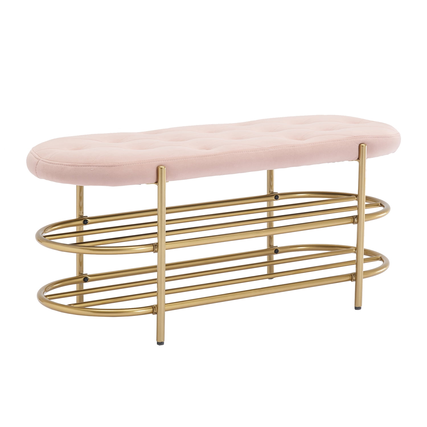Kadyn Upholstered Velvet Beach, End of Bed Bench with 2 Shelf, Storage Beach for Living Room, Entrance, Pink