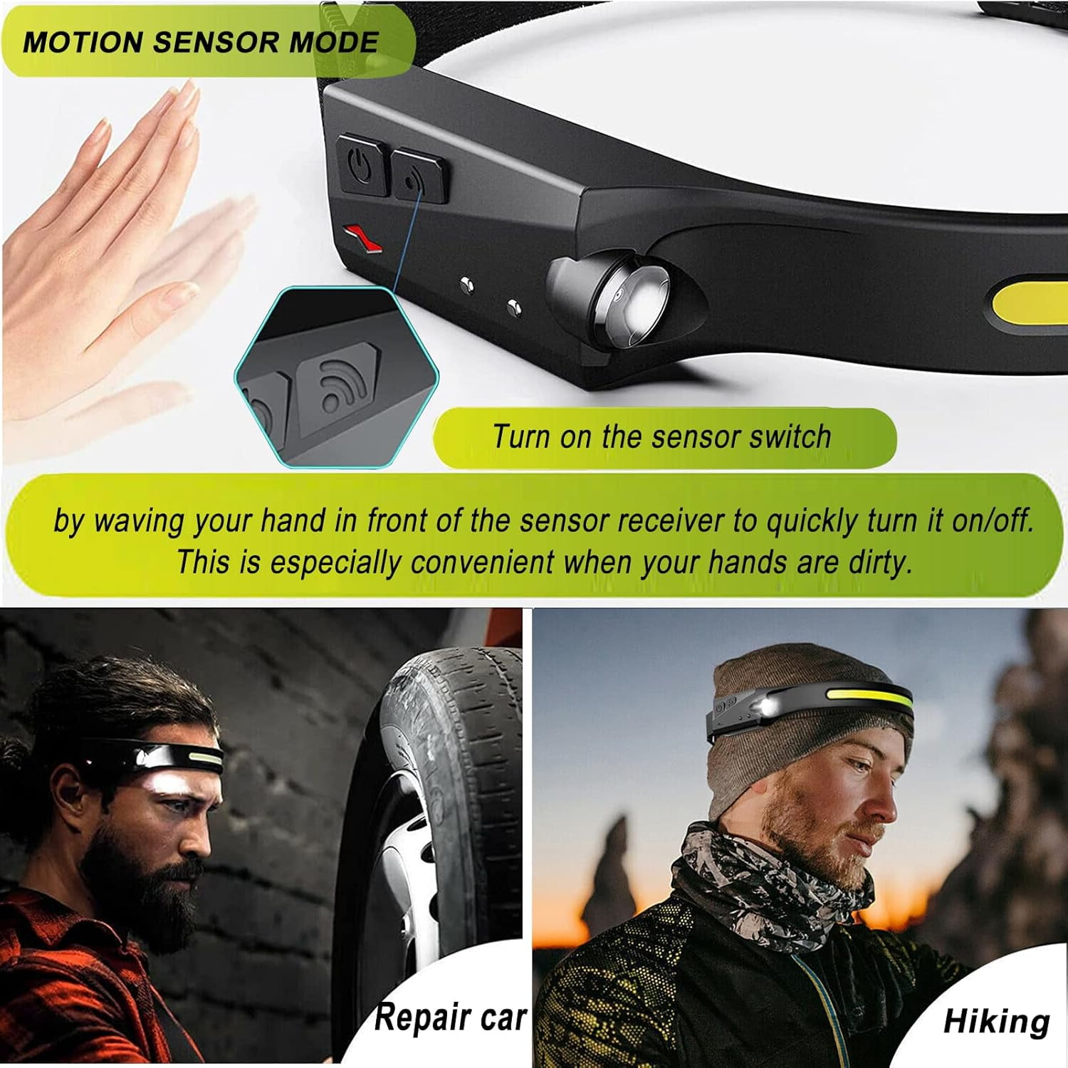 Headlamp Rechargeable, Head Lamps Led Rechargeable with Motion Sensor Headlamps 9 Mode Head Lights Forehead, Super Bright Hard Hat Light for Running, Hiking, Camping (2PCS Black)