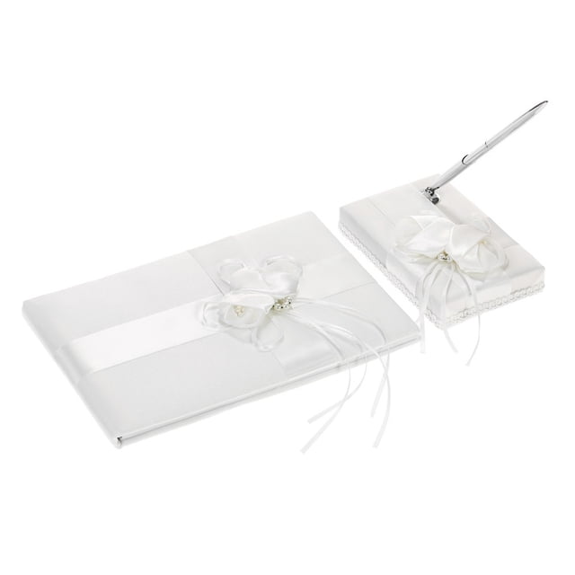 Juego de soporte para bolígrafo y libro de firmas con refuerzo de boda con cinta de satén blanco con imitación de flor de satén