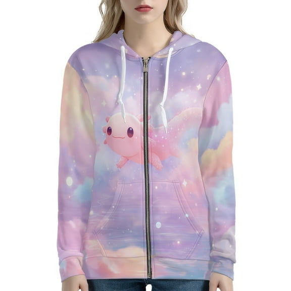 DISNIMO Axolotl Printed Hoodies for Women Zip Up Jacket Coat Long Sleeve Sport Sweatshirt Casual Hooded Tops with Pockets, XS