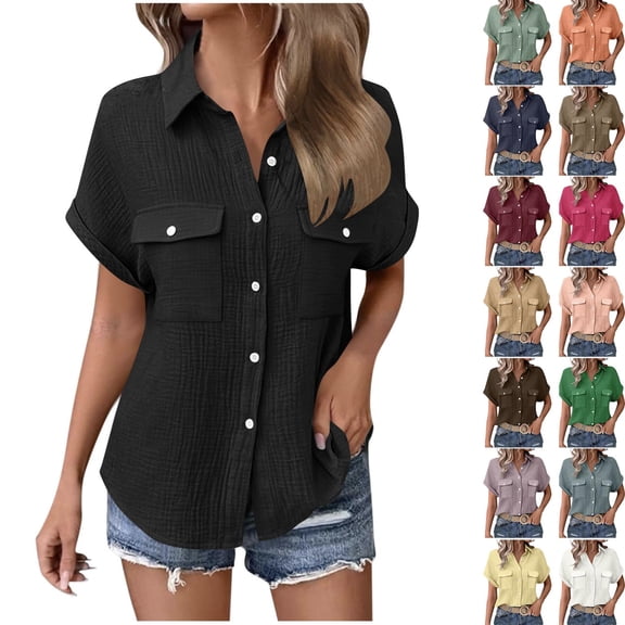STETMN Women's Cotton Gauze Blouse Casual Roll Short Sleeve Shirt Collared Button Down Shirts with Pockets for Officewear