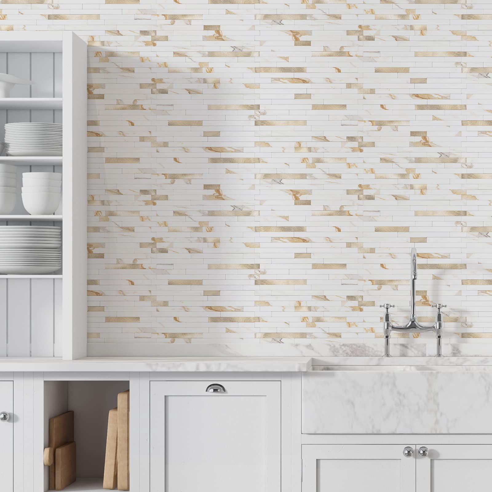 20 Sheets Peel And Stick Backsplash Tile  On For Kitchen Bathroom Calacatta Marble Look Pvc Mixed Self Adhesive Wall Tiles
