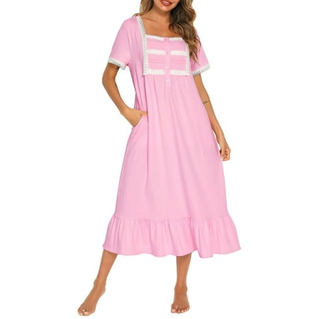 

Liveday Woman Victorian Nightgown Short Sleeve Embroideries Sleepwear with Pockets