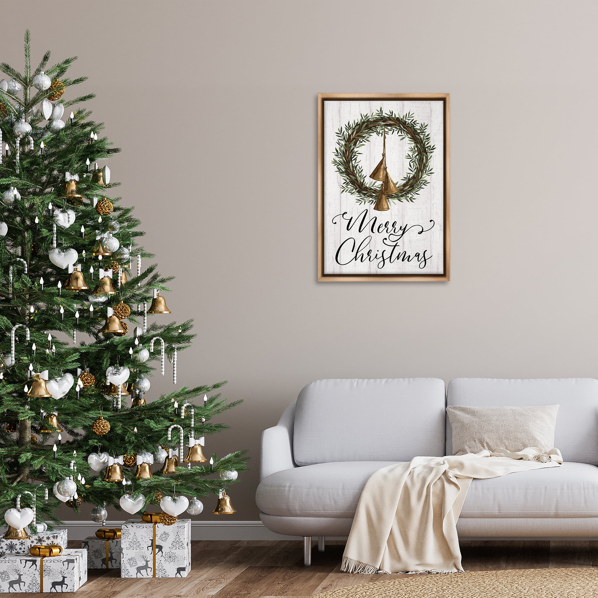 Stupell Industries Christmas Wreath & Bells Holiday Painting Brown Floater Framed Canvas Art Prints Wall Art, 21 x 31