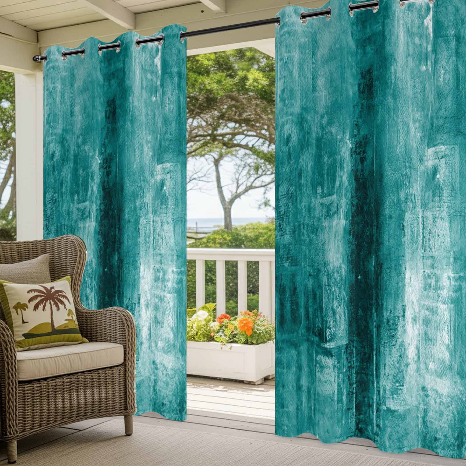 Teal Outdoor Curtains for Patio Waterproof,Windproof Privacy Curtains with Weighted Bottom,Retro Oil Painting Modern Abstract Art Aesthetics Outside Drapes for Picnic Garage Yard 54"x108" 2 Panel
