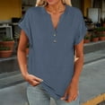 thumbnail image 2 of RYDCOT Cotton Linen Shirts for Women 2025 Summer Casual Button Down V Neck Short Sleeve Tops Comfy Trendy Tunic Shirt Blouses Women's Clothing Sales Dark Blue, 2 of 9