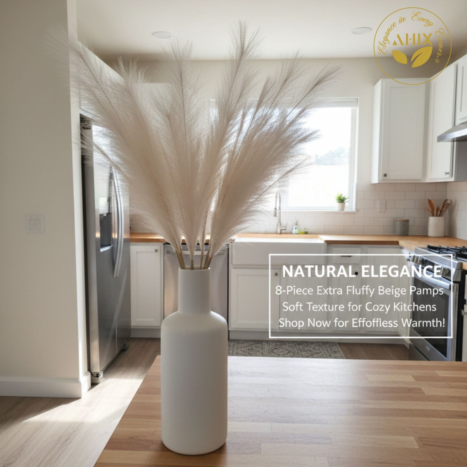 AHIX Faux Pampas Grass, 38-Inch Beige Artificial Flowers, Boho Home Décor (8 Pieces)