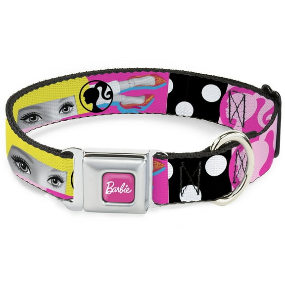 Mattel Pet Collar, Dog Collar Metal Seatbelt Buckle, Barbie Accessory Icons Collage Multi Color, 9.5 to 13 Inches 1.0 Inch Wide