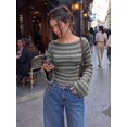 thumbnail image 6 of Women Boat Neck Striped Long Sleeve Sweater, Slim Fit Flare Cuff Knit Top for Autumn Daily Dating Outfits, 6 of 9