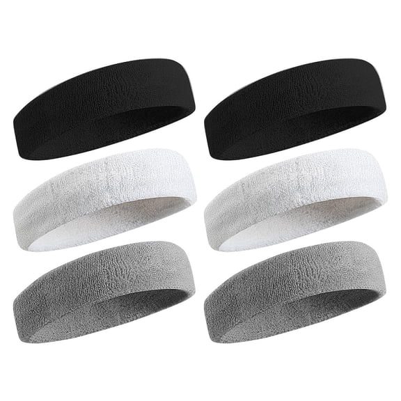 WOOMER 6pack Sweatbands Sports Headband for Men & Women - Moisture Wicking Athletic Cotton Terry Cloth Sweatband for Tennis, Basketball, Running, Gym, Working Out