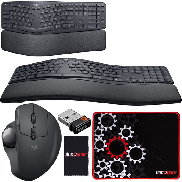 Logitech Ergo K860 Wireless Ergonomic Keyboard With Wrist Rest And Curved Split Keyframe For Windows Mac Bluetooth Or Usb Bundle W Logitech Mx Ergo Wireless Trackball Mouse Deco Gear Surface Pad