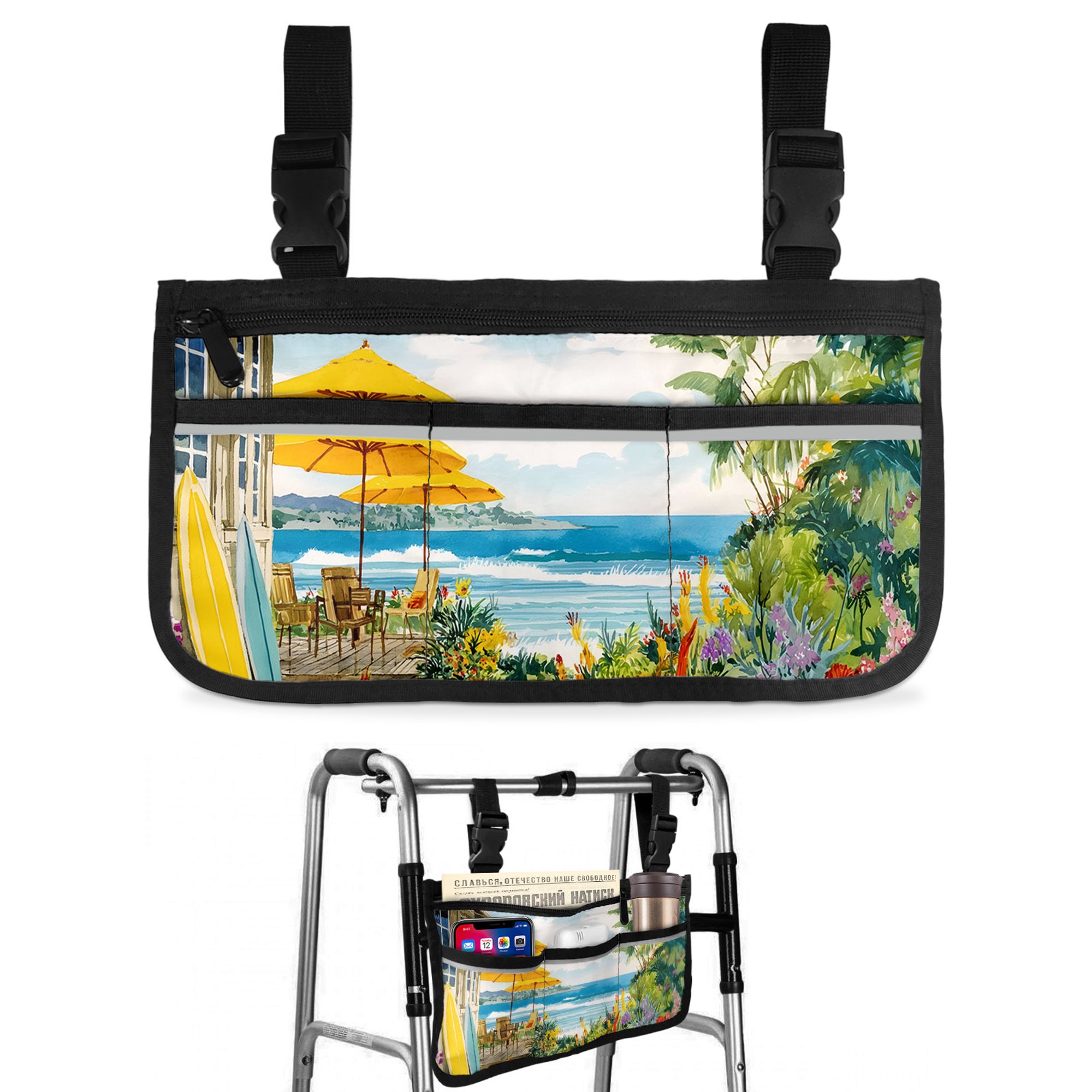 Ocean Shore Wheelchair Side Bag with Cup Holder, Coastal Tropical Greenery Yellow Beach Umbrellas Wheelchair Armrest Bag Storage Pouch Adults, Seniors for Walkers, Rollator, Scooter
