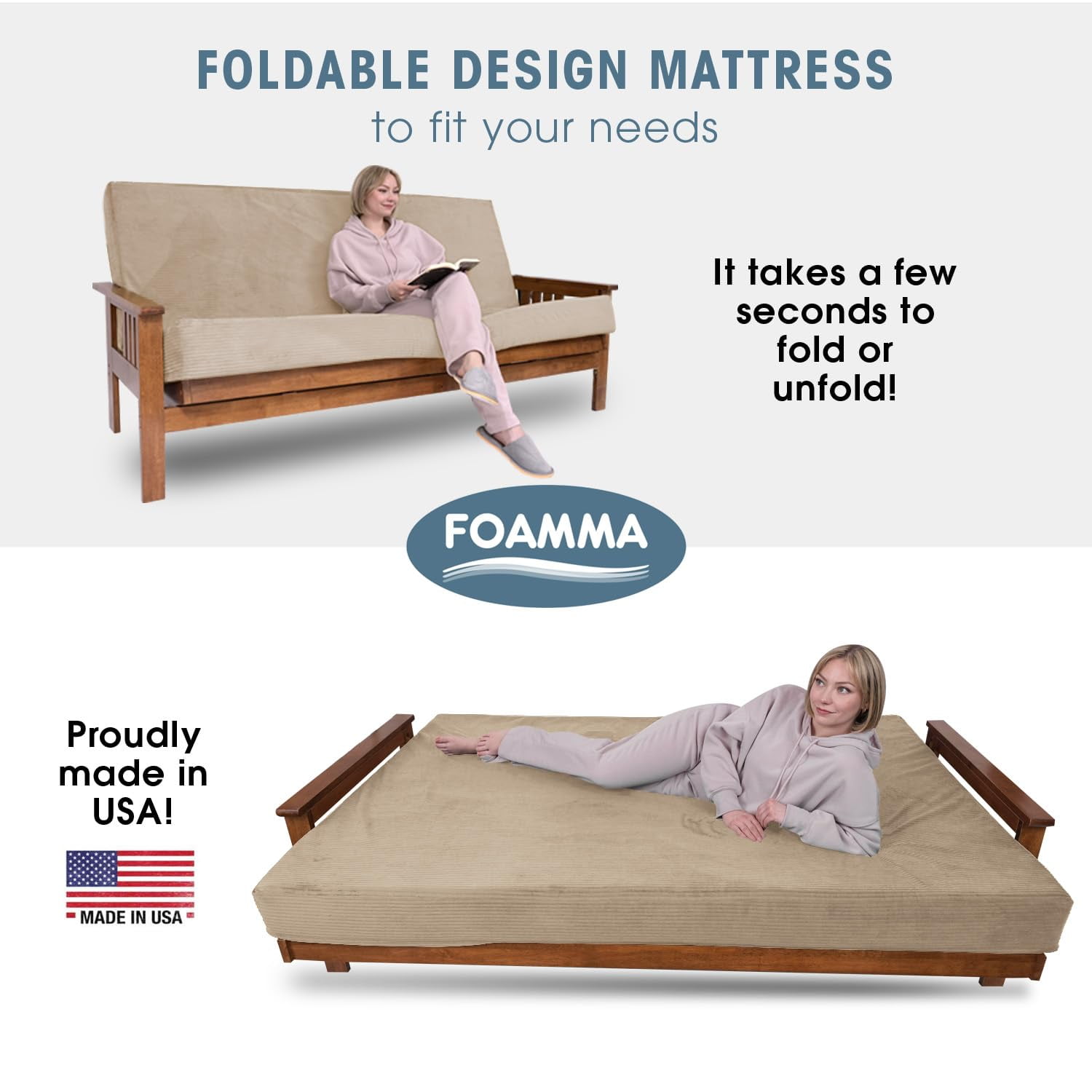 Foamma Memory Foam Futon Mattress, Double-Sided Foldout Couch Futon Mattress - Twin Size (Beige) - Comfortable and Heavy Duty Sofa Bed, Thick Corded Cushion for All (Frame NOT Included)