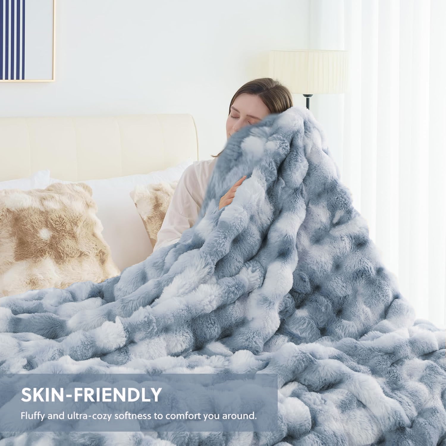GHOUSE Fuzzy Faux Fur Throw Blanket Soft Fuffy Queen Size Large Blanket for Couch Bed Sofa 60 x 80 Inches Tie-dyed Blue