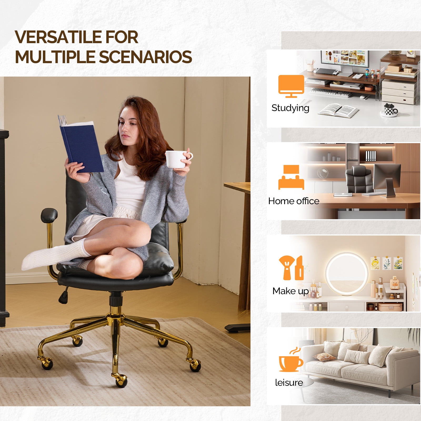 Ktaxon Office Chair High Back Study Chair PU Leather Adjustable Swivel Vanity Chair with Padded Armrests for Conference and Home Black