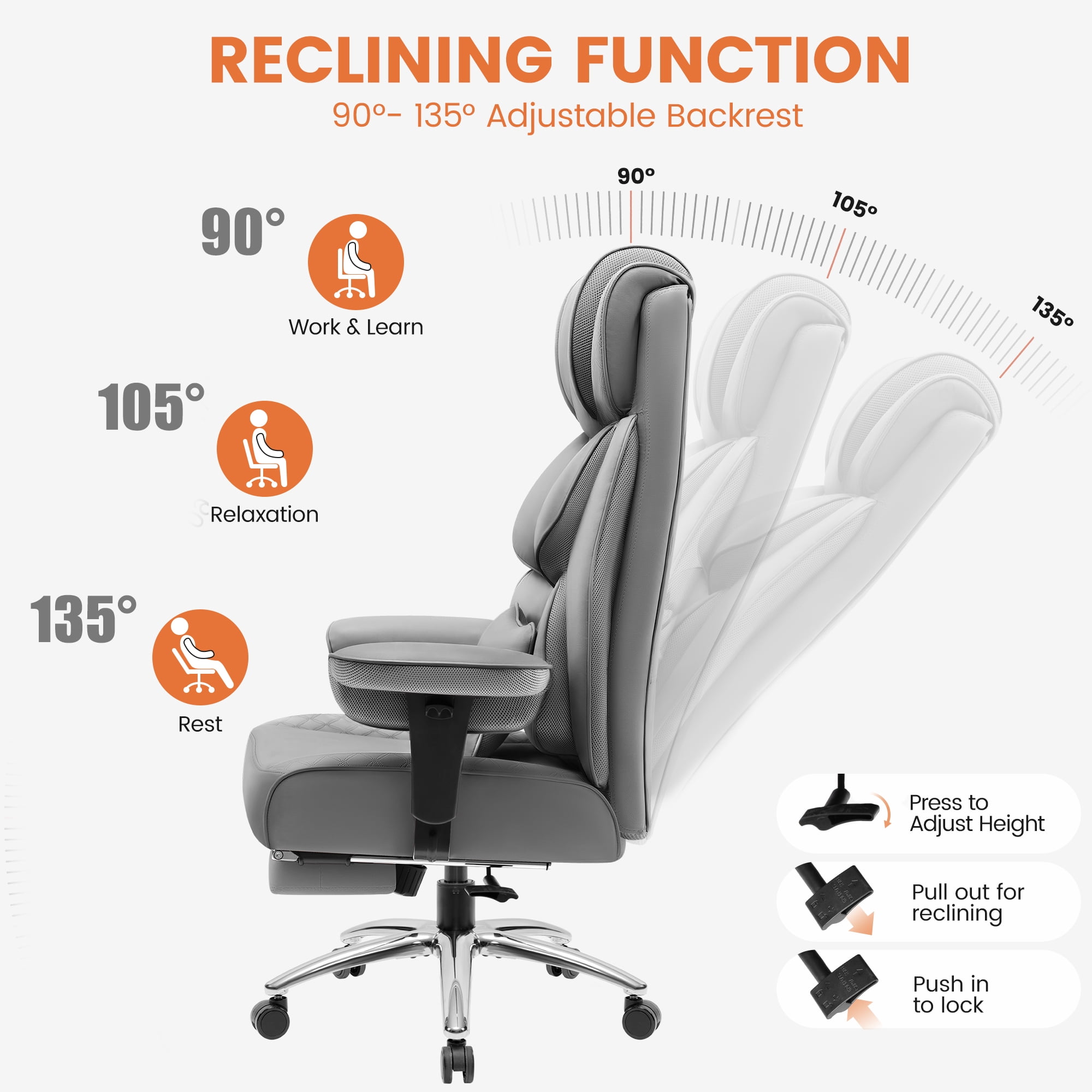 CoolHut Big and Tall Office Chair 400LBS, Adjustable Headrest Ergonomic Computer Desk Chair, Executive Leather Chair with Adjustable Armrest, High Back Office Chair Havy Duty Design, Gray