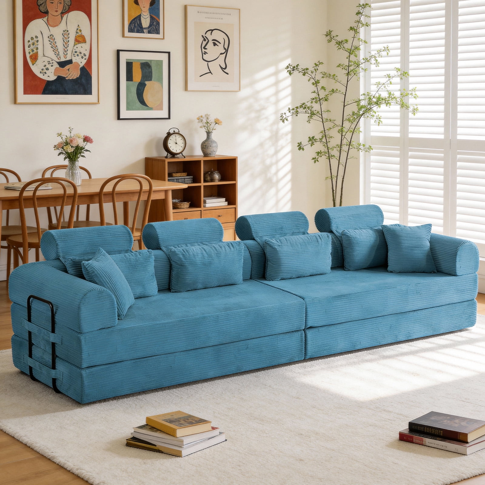 L-Shaped Sectional Sofa Converts to Bed, Corduroy Chaise Lounge with 28D High-Density Foam, No Assembly Compressed Couch for Apartments and Studios, Sky Blue