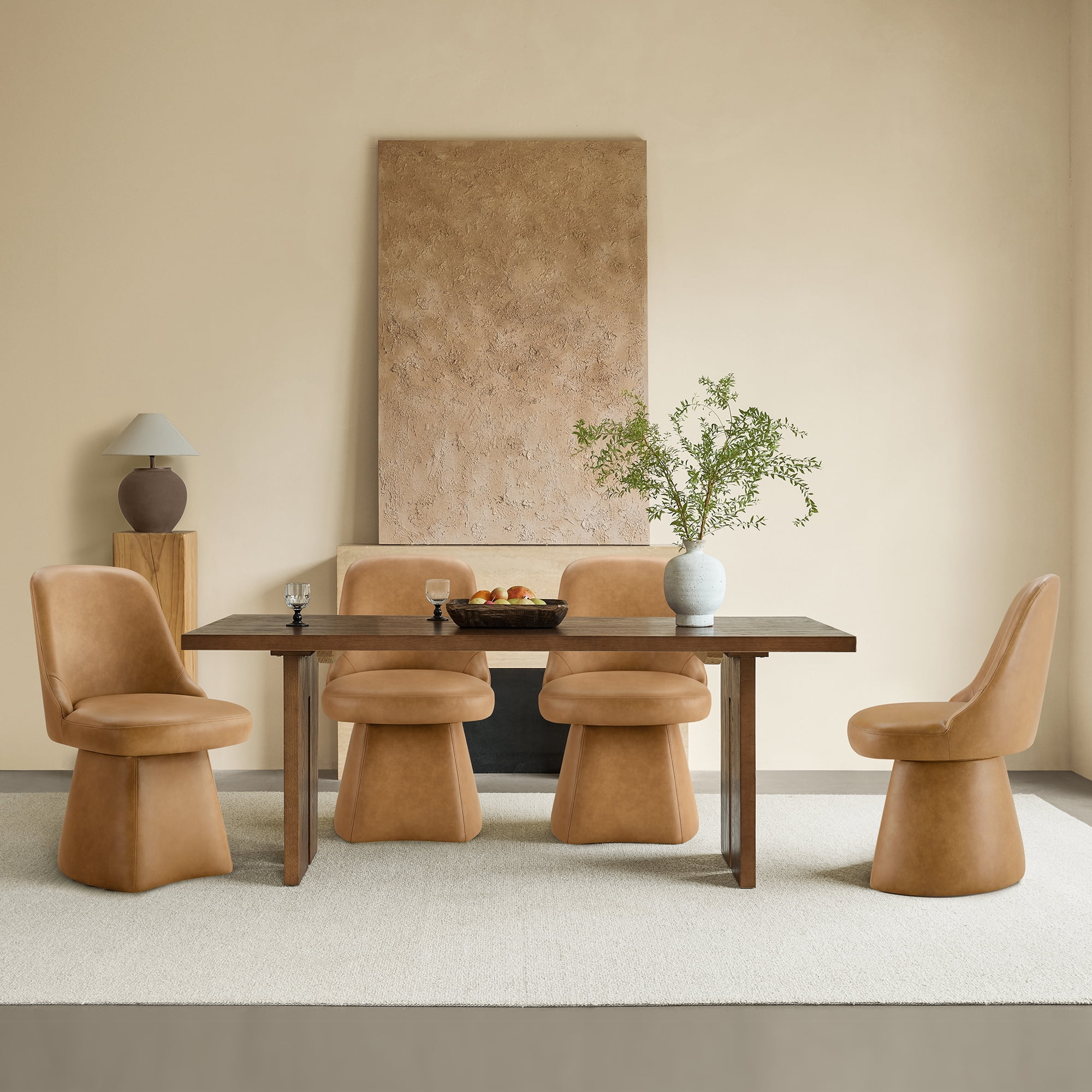 Spruce & Spring Modern 360-Degree Swivel Upholstered Dining Chair, Faux Leather Accent Chair with Conical Base, Saddle Brown