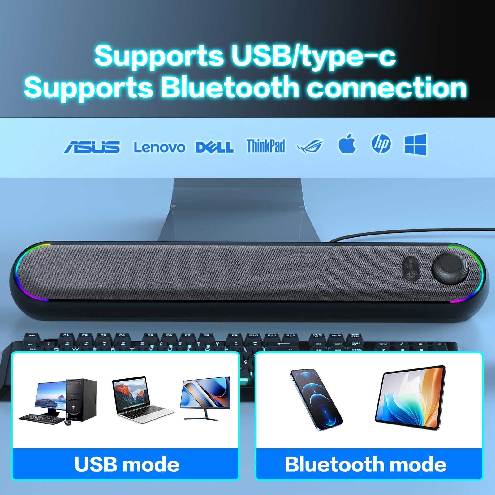 Desktop Computer Speakers, Stereo Soundbar, Bluetooth 5.3, USB/Type-C Power and Audio Transmission, Plug-and-Play, Compatible with PC, Mac, Laptops, Monitors, RGB Lighting, Wired Gaming Speakers