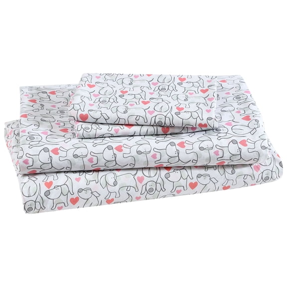 Beatrice Home Fashions, Whimsical Print 3PC Sheet Set, Twin, Hearts & Hounds
