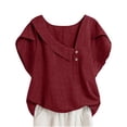 thumbnail image 3 of QATAINLAV Petal Sleeve Cotton Linen Shirts for Women Loose Skew V Neck Button Blouses Summer Casual Dressy Tunic Tops Red L, 3 of 10