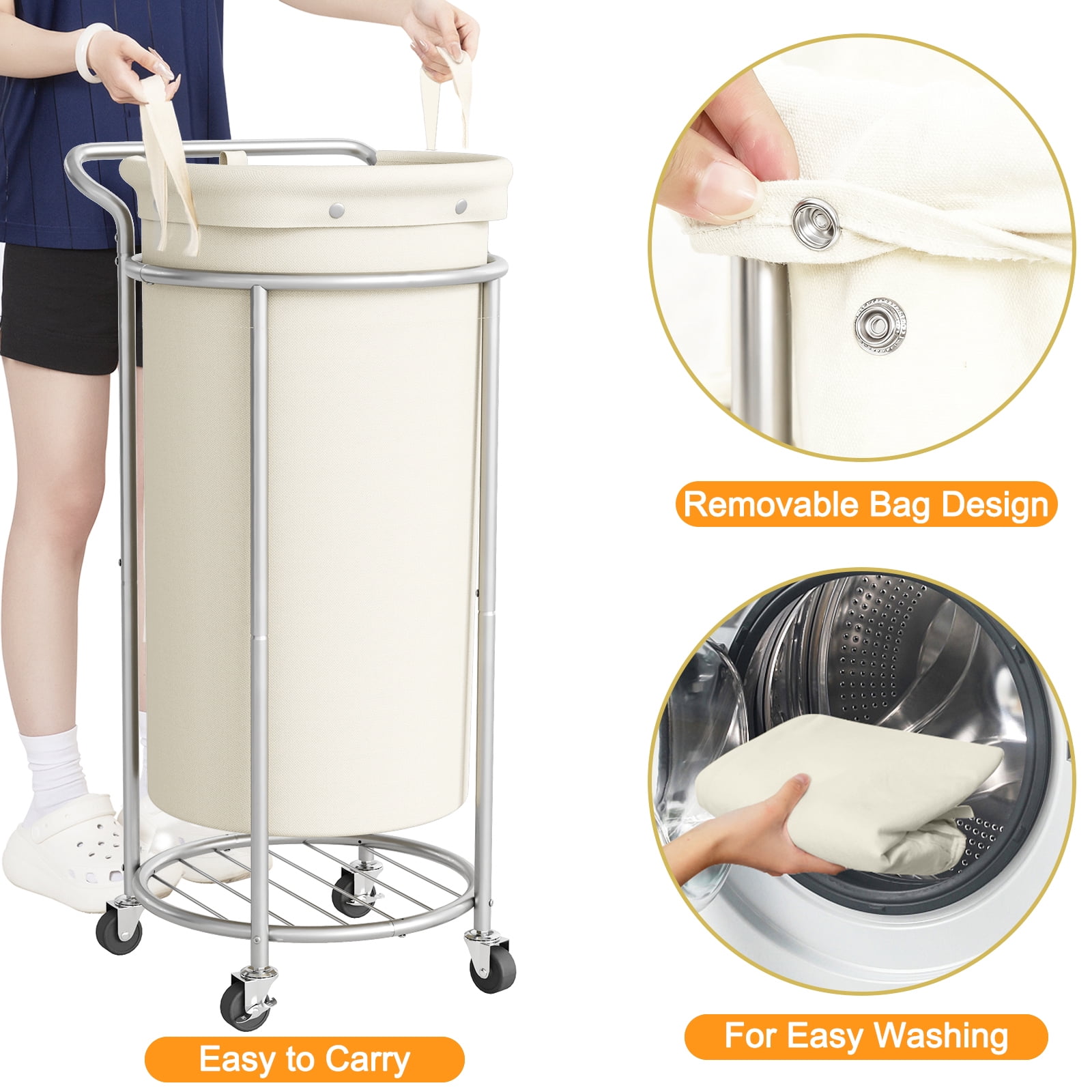 BGTREND 110L Rolling Laundry Hamper with Removable Bag, Round Steel Frame and Handle, Beige