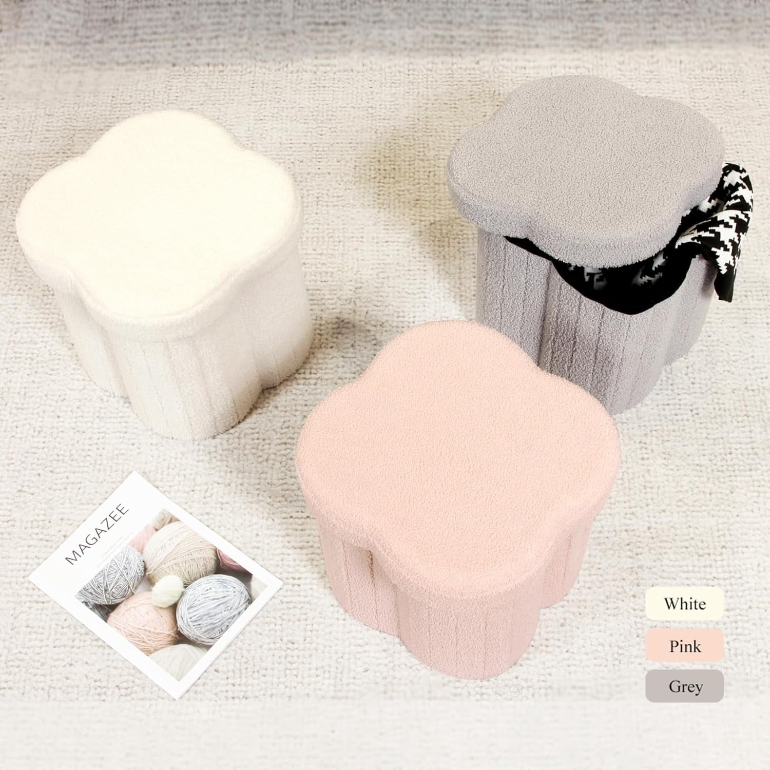 Pouf De Rangement Rond Pliable - Housse Teddy Bouclé Amovible, 33x35 Cm, Support 100 Kg, Table Basse, Repose-pieds, Pour Salon Ou Chambre