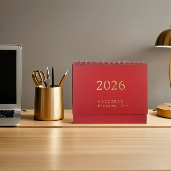 OUNONA 2026 Red Coil Binding Desk Calendar Elegant Design Daily Planner for Home Use Size 8.5 x 11