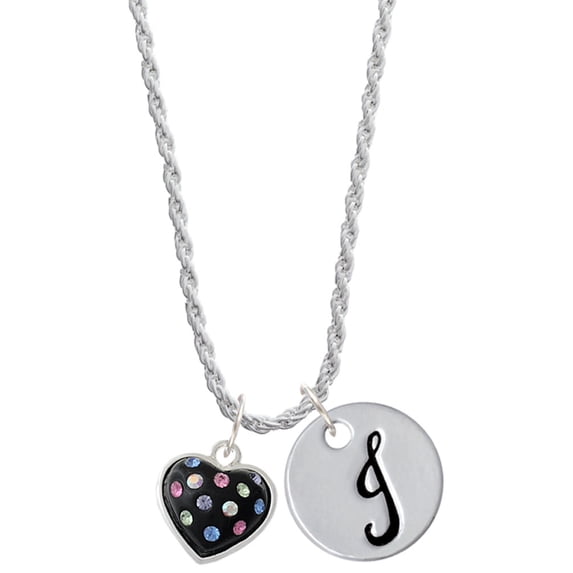 Delight Jewelry Silvertone Black Resin Heart with Tropical Crystals Silvertone Script Initial Disc - J - Charm Necklace, 20"+3"