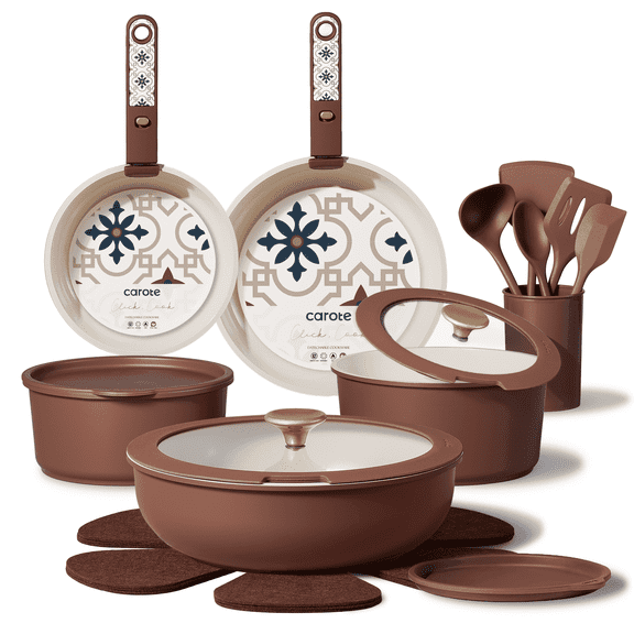 Carote 21 Pcs Nonstick Cookware Set, Pots and Pans with Detachable Handles, Oven Safe, Induction Cookware, Stackable Kitchen Cooking Set, Brown