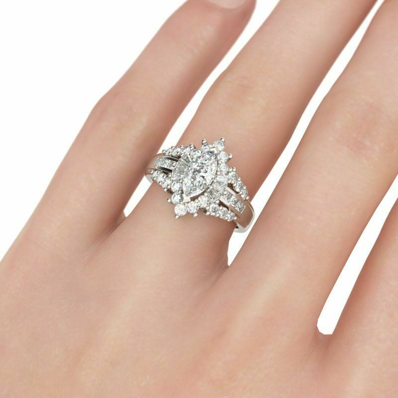 HeartsAndYou 3.5ct Marquise Moissanite Halo Gatsby Cocktail Engagement Ring for Women 18k White Gold over Silver For Women