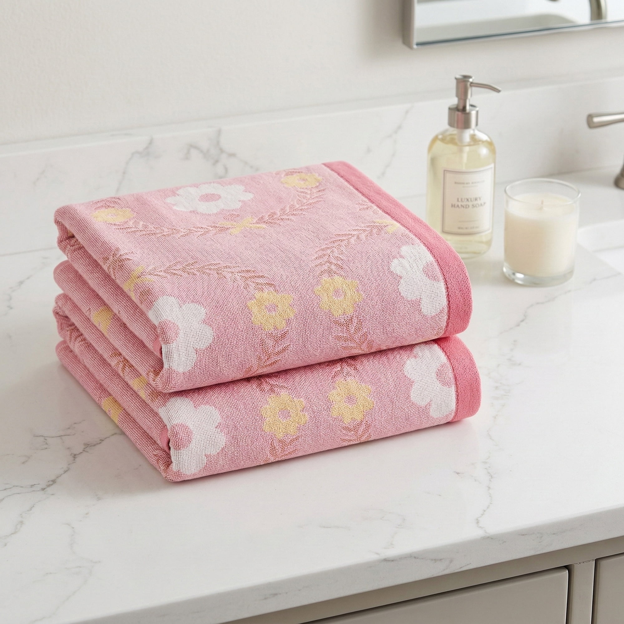 Unique Bargains Cotton Floral Jacquard Hand Towel Soft Absorbent Green Pink 29" x 13"