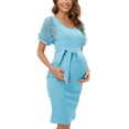 thumbnail image 4 of xiaxaixu Robe pour Femme Enceinte Fleur en Maille Transparente à Manches Courtes Col Ras du Cou Robe Midi Ajustée Robe d'Été Décontractée de Maternité, 4 of 7