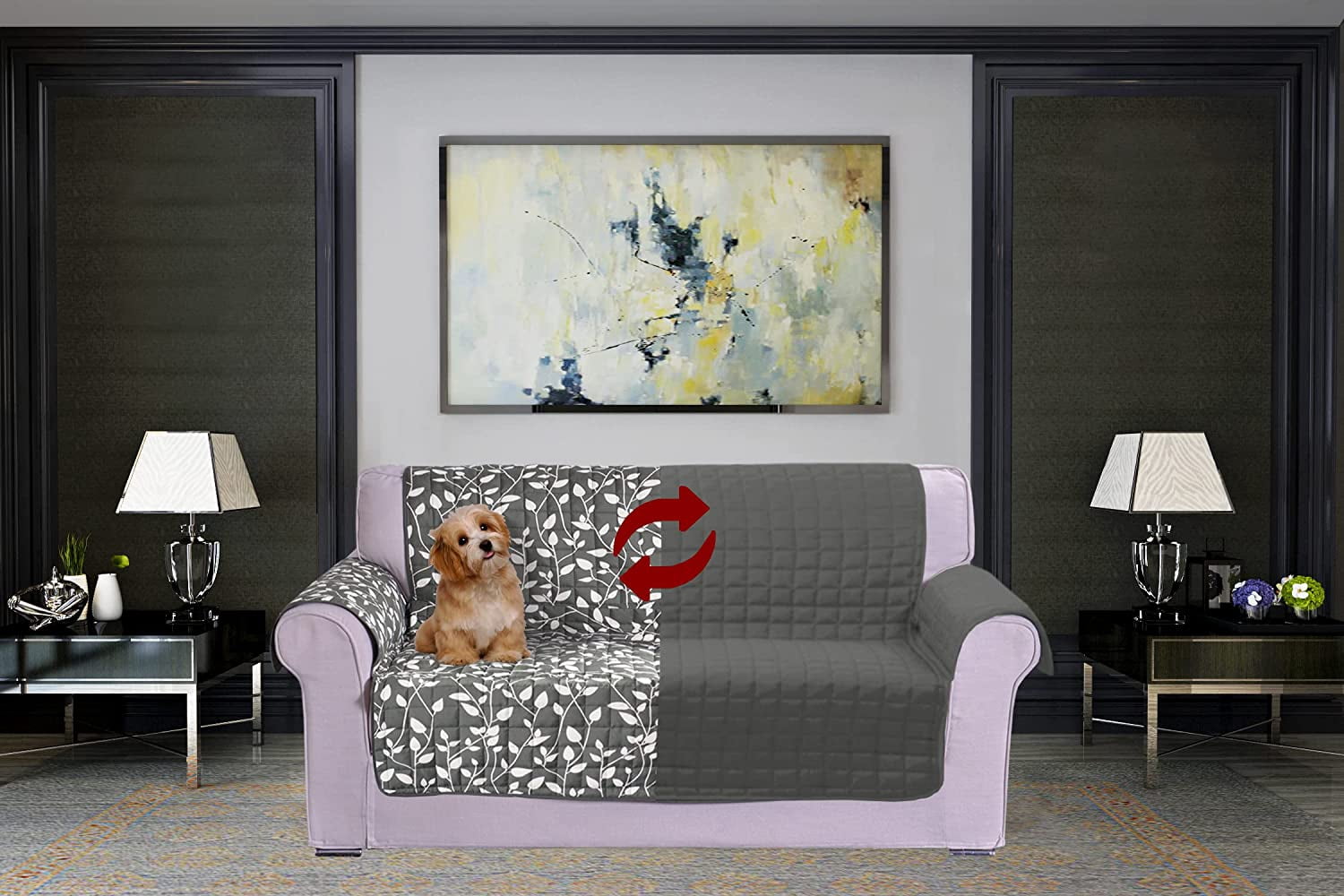 Mocassi Reversible Sofa Slipcover Water Resistant Furniture Protector Pet Couch Covers Smart Leaf Loveseat, Gray