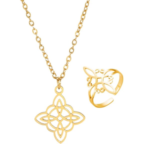 Witch Knot Ring Necklace Jewelry Set Stainless Steel Adjustable Witchcraft Celtic Love Knot Open Ring Celtic Quaternary Wiccan Witches Knot Ring Witchcraft Amulet Jewelry Birthday Gift