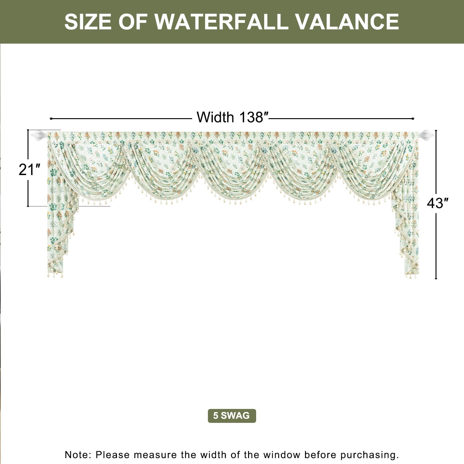 VOGOL Bay Window Waterfall Valance 138x43 Inch - Farmhouse Vintage Floral Sheer Voile, Extra Wide with Buttercream Beaded Trim