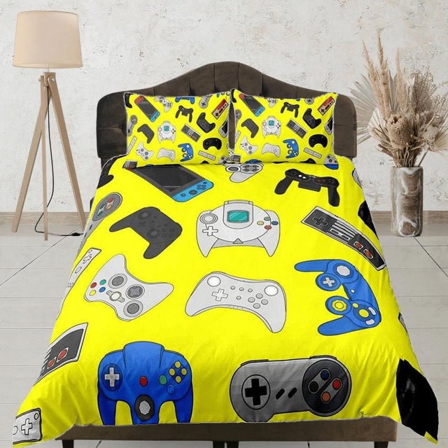 Ropa de cama gamer funda nórdica amarilla, video gamer regalo novio juego de cama completo