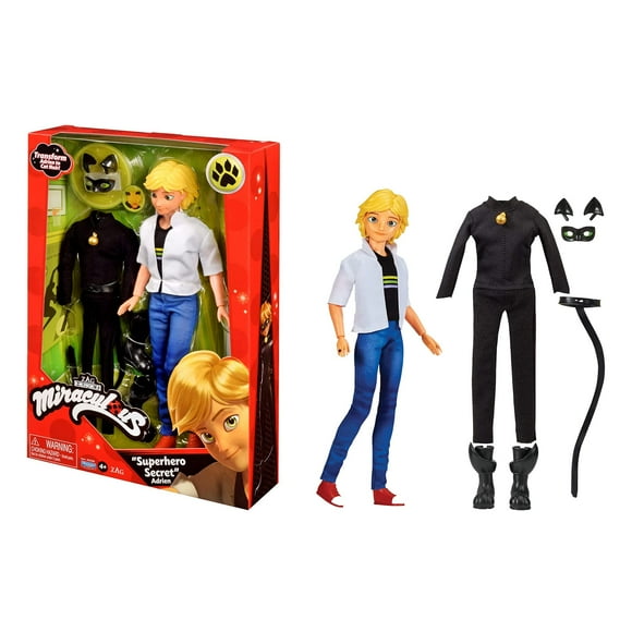 Playmates Toys Miraculous Ladybug Superhero Secret Adrien with Cat Noir Outfit 10.5” Doll with 2 Fashion Sets and Accessories