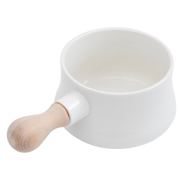 Tazón de porcelana de moda para sopa, leche, postre y fideos con mango de madera, tazón de cerámica para desayuno para el hogar (blanco, aprox. 380 ml)