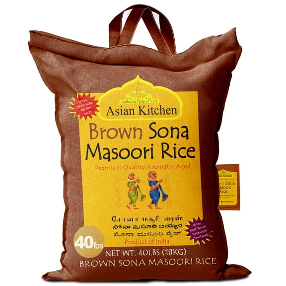 Asian Kitchen Brown Sona Masoori Aged Rice 40-Pound Bag, 40lbs (18.14kg) Short Grain Rice ~ All Natural | Gluten Friendly | Vegan | Kosher | Indian Origin | Export Quality